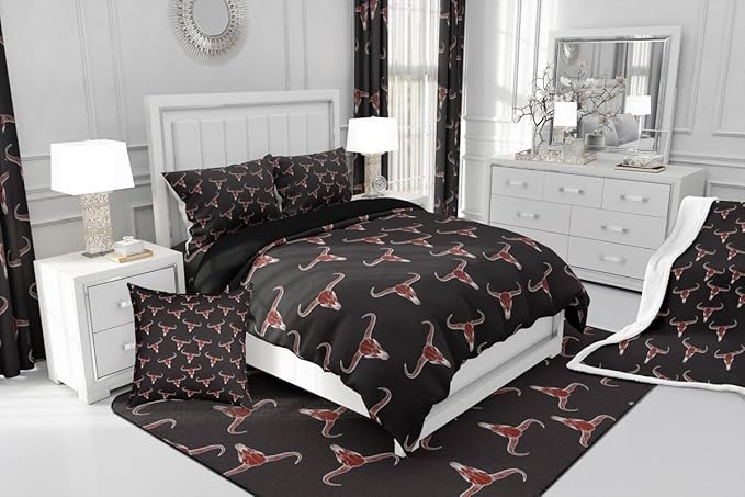 Erosebridal Bull Skull Comforter Set Twin Ethnic Bohemian Bedding for Men Boys | Tribal Steer Skull Wildlife Aztec Bedroom Decor Farmhouse Cabin Lodge Duvet Insert with 1 Pillow Case,Black Red