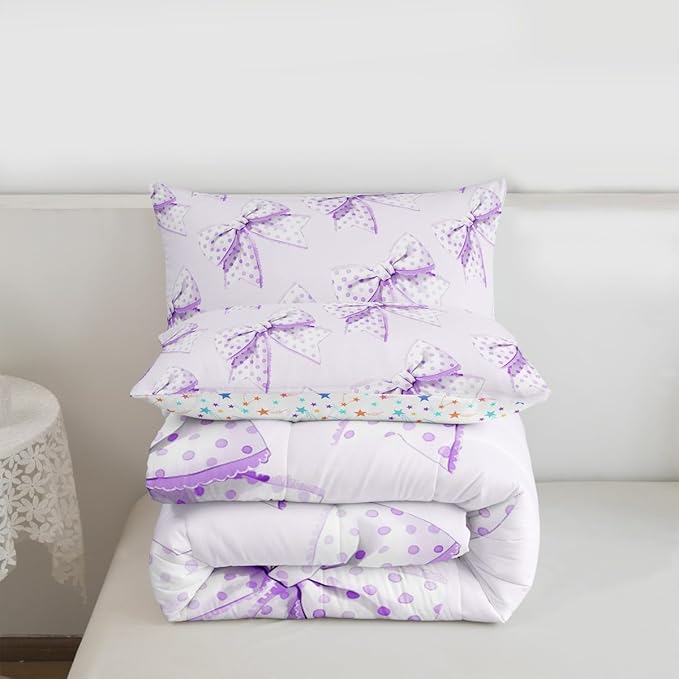 Erosebridal Cartoon Dot Bow Girls King Bedding Set Purple Princess Bowknot Comforter Set Cute Kawaii Butterfly Knot Bedding Comforter Sets for Kids Teen Women,Dreamy Coquette Bow Bed Set