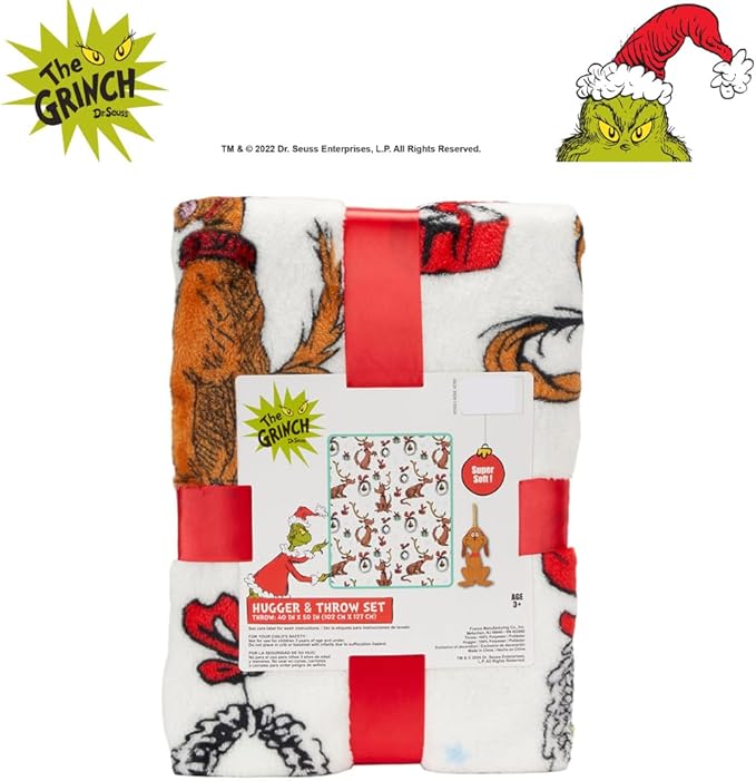 Dr. Seuss The Grinch Max Dog Holiday & Christmas Kids Bedding Super Soft Plush Pillow and Throw 2 Piece Set, 40 in x 50 in (Officially Licensed Product) by Franco