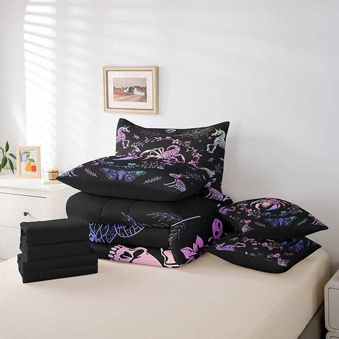 7 Pieces Scorpion Skull Comforter Set Queen,Bohemian Flowers Leaves Bedding Set for Kids Teens Adults,Butterfly Animals Skeleton(Comforter+Fitted+Flat Sheet+2 Pillowcases+2 Throw Pillow Covers)