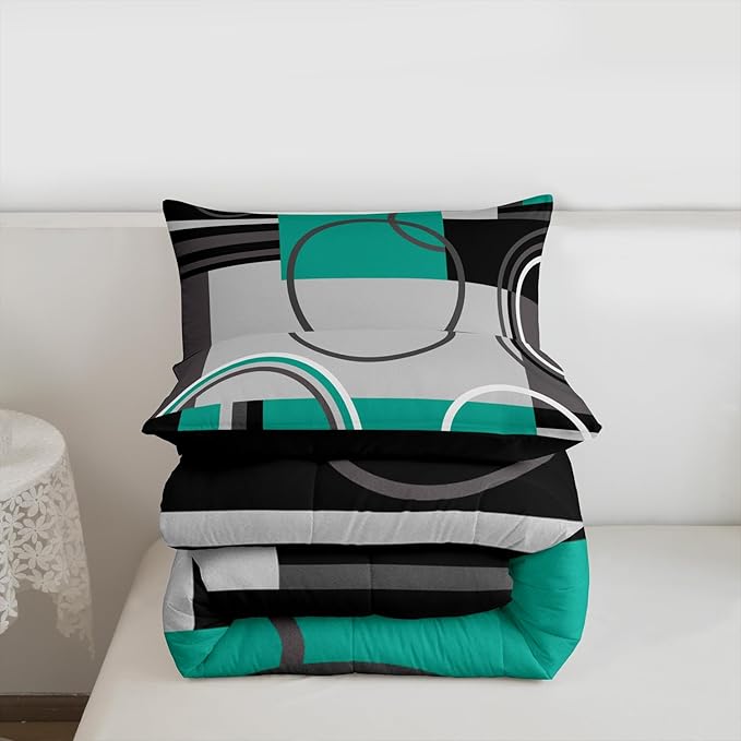 Modern Circles Swirls Bedding Twin Size Geometric Spiral Square Comforter Set Green Black Grey Bedding Sets Abstract Gromment Plaid Quilted Duvet Chic Graphic Texture Artwork Down Comforter, 2Pcs