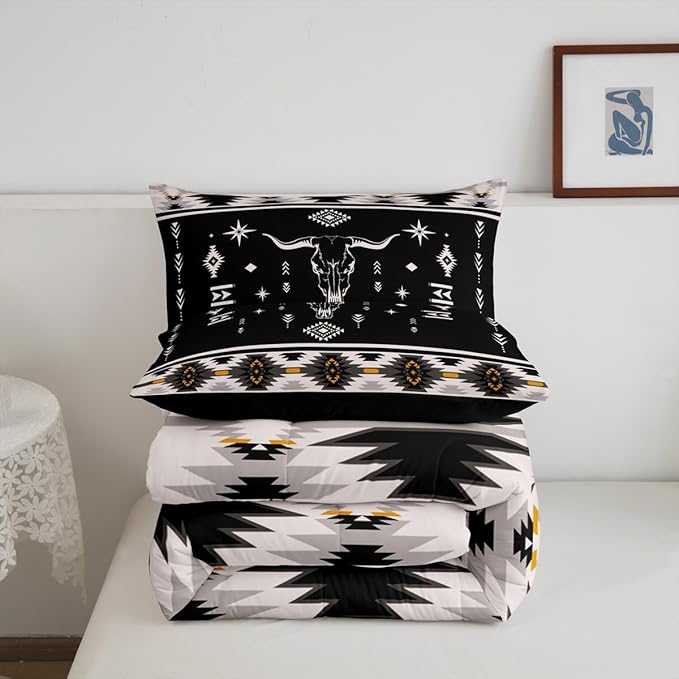Erosebridal Western Bull Skull Comforter Set Boho Southwestern Aztec Bedding Set Toddler Size for Boys Teens Men, Ethnic American Native Quilt Farmhouse Rustic Tribal Duvet Insert 2 Piece, Black Grey