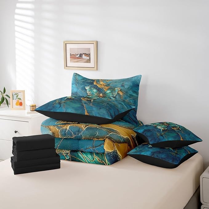Erosebridal 7 Piece Boho Butterfly King Bedding Sets for Girls Women,Teal and Gold Marble Comforter Set Reversible,Gradient Abstract Bed in a Bag with Fitted Sheet,Flat Sheet,Pillowcases & Shams