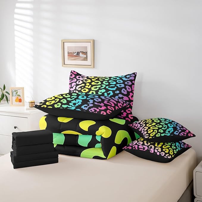 Leopard Print Bedding Set 7 Pieces King,Rainbow Cheetah Print Comforter Sets for Girl Boy Bedroom,Colorful Wild Animal Skin Print 7pcs Bed in a Bag with Comforter, Sheets and Pillow Cases