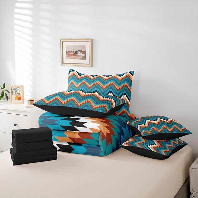 Erosebridal 7 Pcs Western Aztec Twin Comforter Set with Sheets Rustic Farmhouse Bed in A Bag Vintage Southwestern Tribal Bedding Sets for Women Men Exotic Bohemian Geometric Bed Set