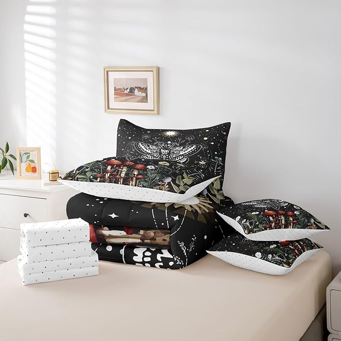 Feelyou Boho Moth Bedding Set Kids Bohemian Galaxy Comforter Set King Size 7 Pieces Boys Girls Wild Mushroom Floral Bed in a Bag Eoxtic Bed Set with Comforter, Sheet Set, Pillowcases, Pillow Covers