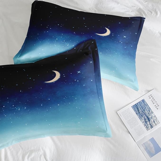 Comforter Set Full Size, Blue Starry Sky 7 Pcs Bedding for Kids and Adults, Landscape Night Moon Bed Sheet Sets with Fitted Sheet 2 Pillowcases & 2 Shams for Bedroom Bed Decor