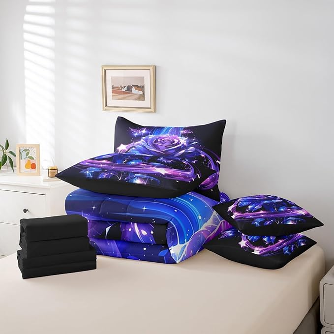 Erosebridal Purple Blue Rose King Bed in a Bag 7 Piece,Romantic Flower Rose Comforter Set with Sheets,Trippy Butterfly Floral Bedding Set Wedding Valentines Day Gifts for Women Girls Girlfriend