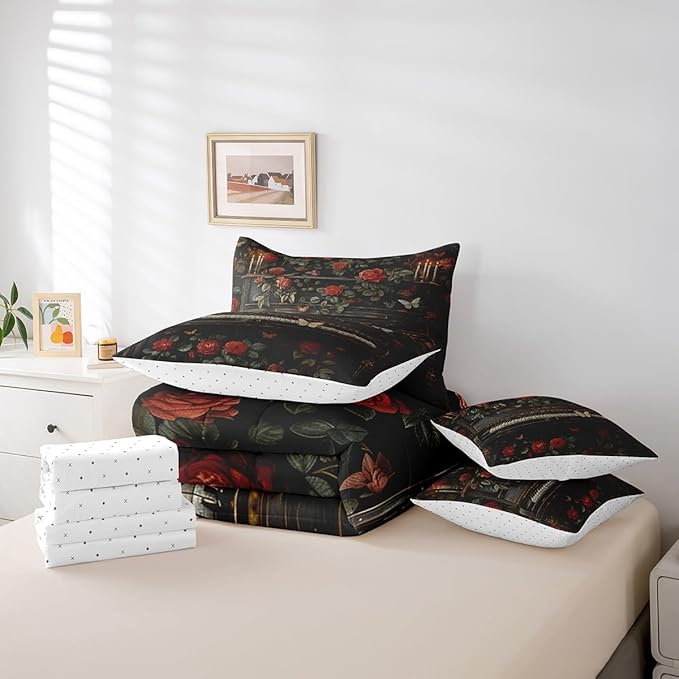 Erosebridal Vintage Piano Print Comforter Set Twin with Sheets,Girls Music Theme 7 Piece Bedding Set Musical Instruments Bedroom Decor,Butterfly Rose Flowers Bed in a Bag with Pillowcases & Shams