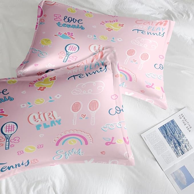 Comforter Set Queen Size, Cute Tennis Pink 7 Pcs Bedding for Kids and Adults, Rainbow Ball Flower Bed Sheet Sets with Fitted Sheet 2 Pillowcases & 2 Shams for Bedroom Bed Decor