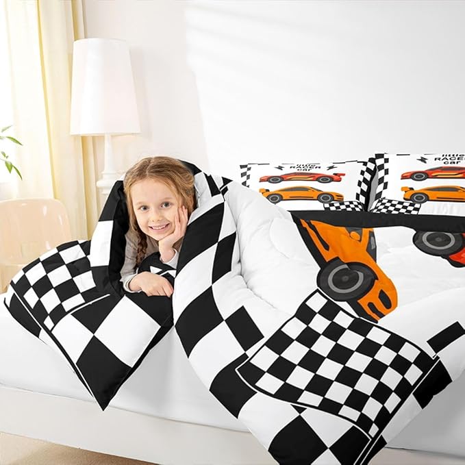 jejeloiu Boys Cartoon Racer Car Bedding Set Toddle Size Black White Checkerboard Comforter Set for Kids Red Orange Duvet Set Cute Car Quilt Set 2Pcs