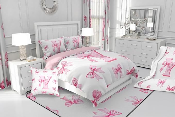 Erosebridal Initial Y Letter Comforter Set Kawaii Princess Bowknot Girls Toddler Bedding Set Dreamy Romantic Bow Bedding Comforter Sets Princess Style Bowknot Quilt Duvet for Kids Teen Women