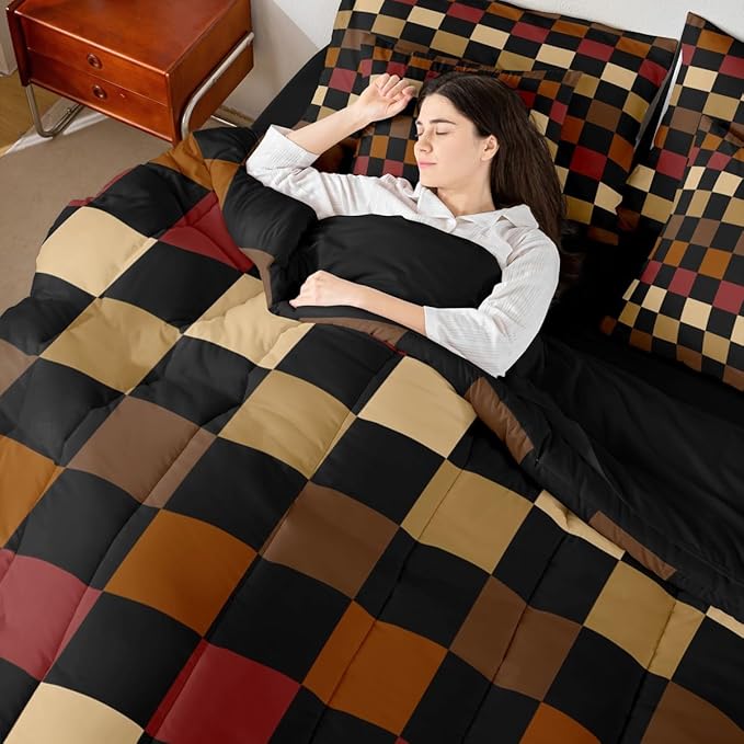 Feelyou Checkered Retro Comforter Set with Sheets 7 Piece Twin Size Brown Red Black Plaid Bed in a Bag Kids Boys Girls Geometric Vintage Bedding Set Modern Simple Groovy Aesthetic Bedroom Decor Soft