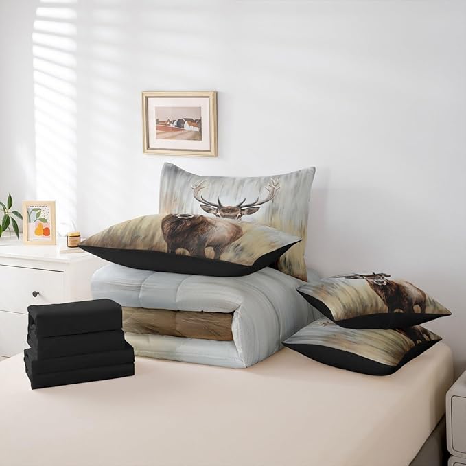 Erosebridal Cute Deer 7 Pieces Bedding Set King Size | Hunting Deer Comforter Set with Sheets for Kids Boys Girls Rustic Cabin Bed in A Bag with Flat Fitted Sheets Antler Moose Wild Animal Bed Sets