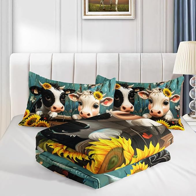 Cute Cow Print Comforter Set Queen Size Sunflower Highland Cow Bedding Set Farm Animals Cow on Fence Quilt Bed Set with 1 Comforter and 2 Pillowcases for Kids Boys Girls Room Decor, D-cow2