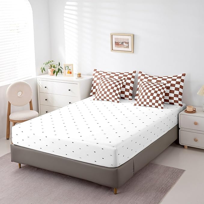 Feelyou Checkered 7 Piece Bedding Set Teen Coffee Brown White Plaid Comforter Set with Sheets Twin Size Kids Boys Cute Retro Neutral Checkerboard Geometric Bed in a Bag Vintage Aesthetic Room Decor