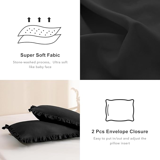 QSH 3PCs Black Ruffled Oversized King Comforter 120x120,Farmhouse Shabby French Country Chic Ruffle Bed Comforter Set Boho Lightweight Ultra Soft Microfiber California King Comforter with Pillowcases