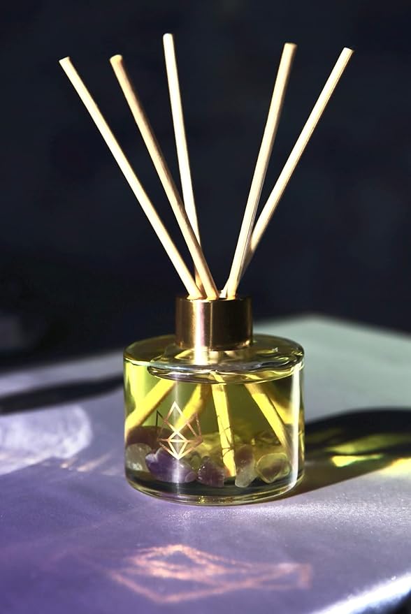 Crystal Infused Reed Diffuser, 4 OZ, Release - Amethyst Crystal Infused - Scents of Lavender, Bergamot, & Frankincense - Home Decor, House Warming, Room, Stick Perfume, Coffee Table