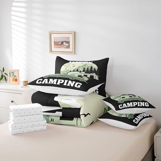 Erosebridal 7Pcs Comforter Set King Size, Happy Camping Comforter Sets Bed in a Bag with Flat Sheet and Fitted Sheet for Kids and Adults, Rv Camper Bedding Set with Pillowcases & Throw Pillow Covers