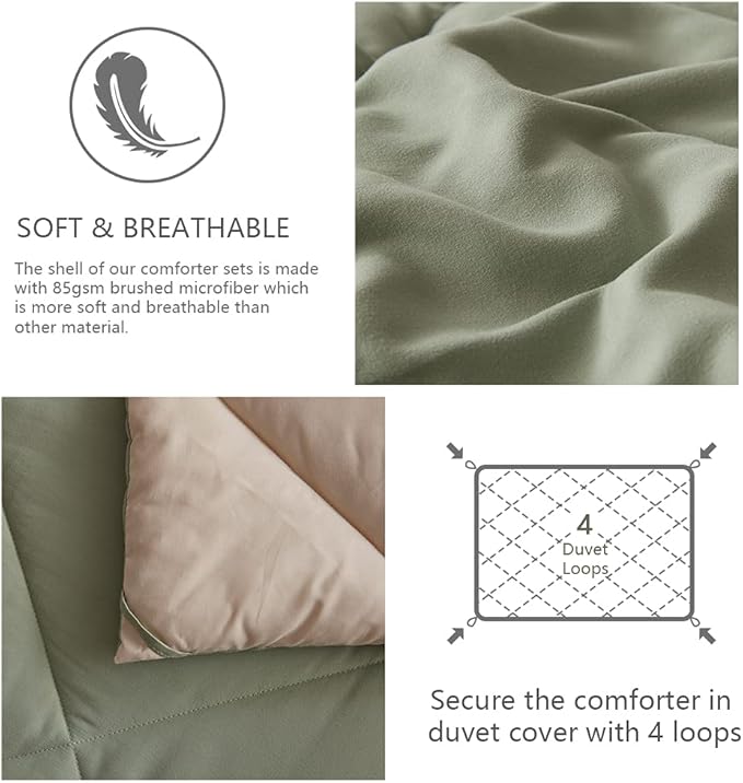 NexHome Queen Comforter Set Sage&Beige,3 Pieces Lightweight Comforters Queen Size Reversible Bedding Comforters Sets,Down Alternative Comforter Bed Set Quilt Blanket(88x88In Comforter & 2 Pillowsham)