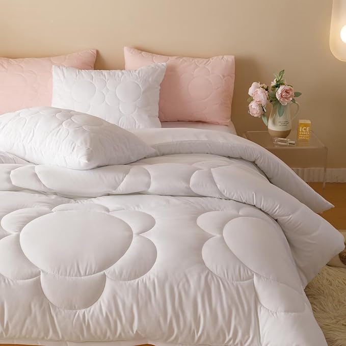 Cottonight White Sunflower Comforter Set - King Size 3 Piece Bedding Set - Soft Breathable Solid White Floral Bedding Set - Women Girls Boho Farmhouse Chic Blanket Quilts