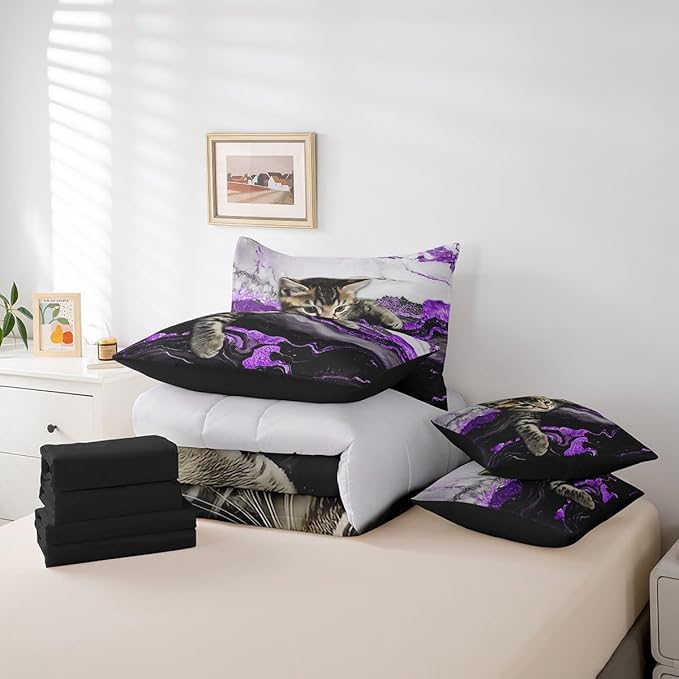 Erosebridal Purple Marbling Bedding Set Twin Watercolor Marble Ink Fluid Bed in A Bag Luxury Modern Marbling Cat Comforter Sets with Sheets Retro Artwork Style Aesthetic 7 Pieces Bed Set
