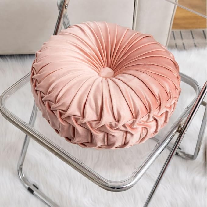 MOCOFO Round Velvet Throw Pillow, Pumpkin Shape Decorative Floor Cushion, Handcrafted Pleated Design, 14 and 16 Inch Diameter, Multiple Colors, Polyester Fill (Peach Pink, 14")