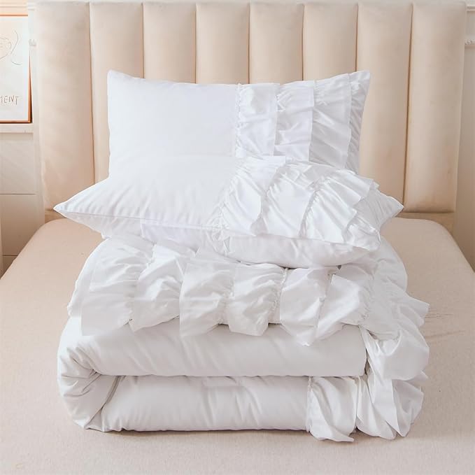 Holawakaka White Waterfall Ruffle Comforter Set Full Size Multi-Layers Ruffled Shabby Chic 3PCS Bedding Set for Girls Women