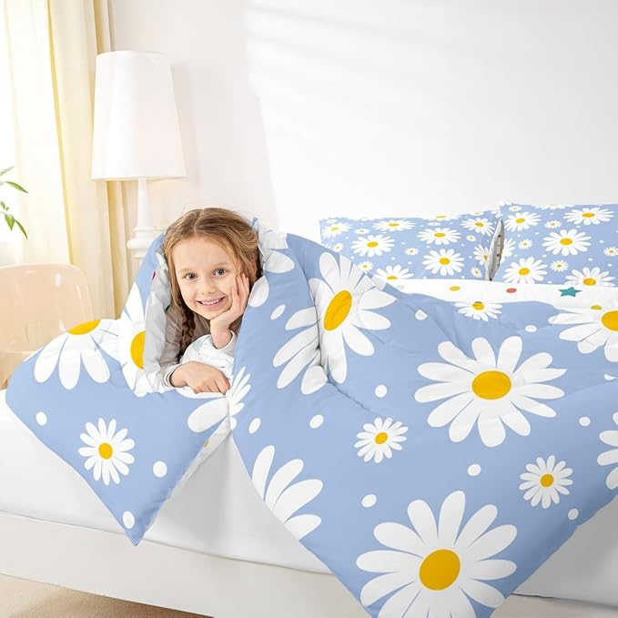 Erosebridal Blue Daisy Bedding Set for Girls,Cute Cartoon Flower Queen Comforter Set Rustic Daisy Floral Comforter Watercolor Flowers Duvet Insert for Kids Teen Adults Room Decor