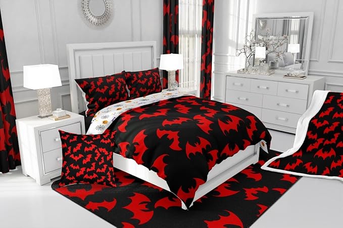 Erosebridal Red Bat Twin Bedding Sets Halloween Bat Comforter Set Spooky Goth Gothic Animal Quilt Duvet Set Horror Halloween Bedding Collections for Kids Teens Adults