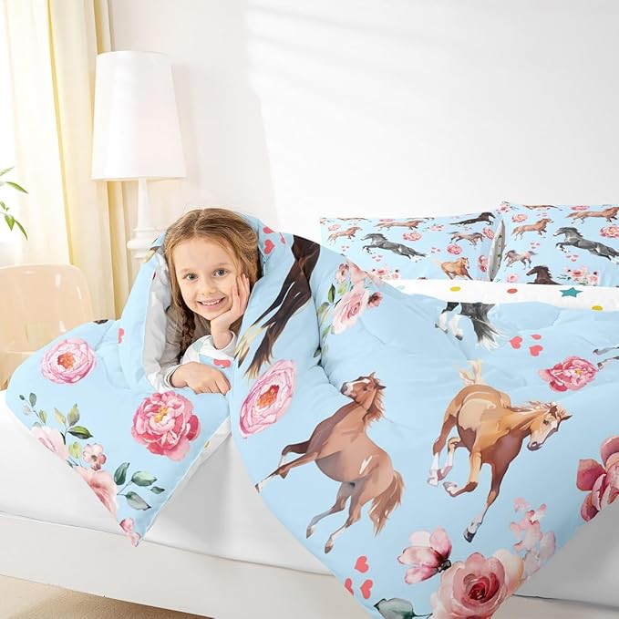 Horse Comforter Set King for Cowboy Cowgirl,Southwest Rose Petal Bedding Set for Youth Adult,Rustic Horse Quilt Set for Bedroom Decor,Vintage Farmhouse Wildlife Down Comforter with 2 Pillowcases