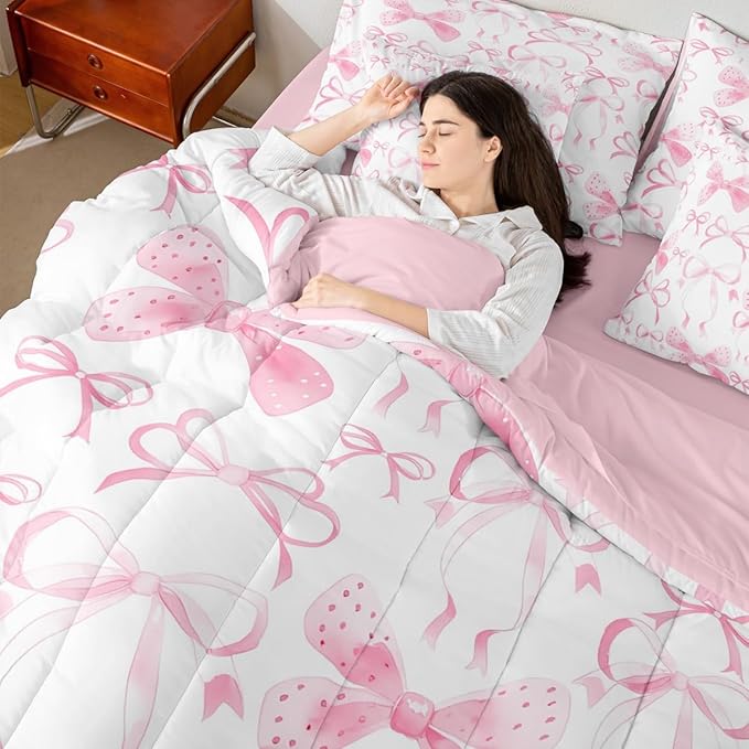 Feelyou Pink Bow Comforter Set with Sheets 7 Piece Twin Size Cute Bowknot Bed in a Bag Kids Boys Girls Pricess Style Bedding Set Kawaii Bedroom Decor Breathable Soft Lightweight Microfiber