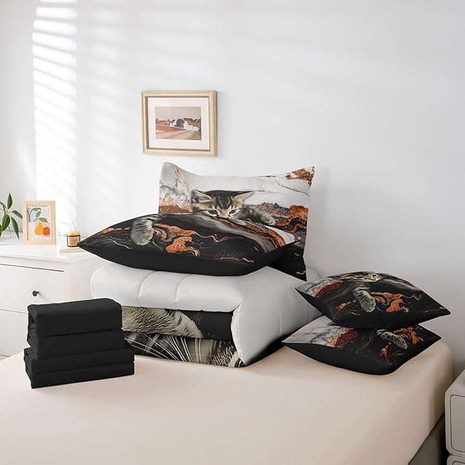 Erosebridal Orange Marble Bedding Set Full Watercolor Marble Ink Fluid Bed in A Bag Luxury Modern Marbling Cat Comforter Sets with Sheets Retro Artwork Style Aesthetic Bed Set(Orange, Full)