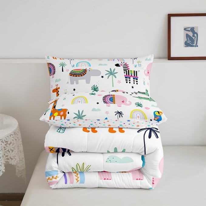 Feelyou Kids Zoo Animal Comforter Toddler for Kids Boys Girls Cute Boho Animals Bedding Set Cartoon Elephant Comforter Set Wild Animals Duvet Set with 1 Pillow Case