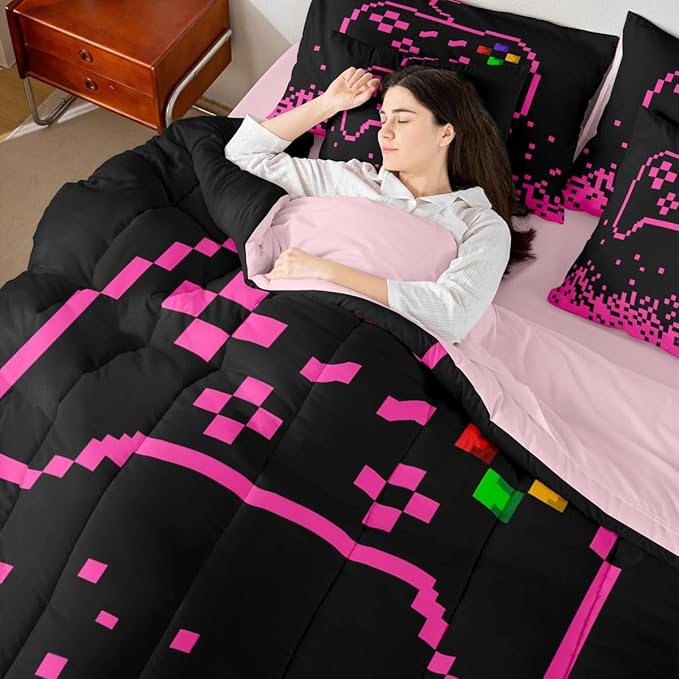 Castle Fairy Gamepad 7 Piece Bedding Set Full Size,Pixel Miners Games Comforter & Sheet Sets Pink Plaid Patchwork Bed in a Bag Modern Fashion Flat & Fitted Sheets,4 Pillow Covers