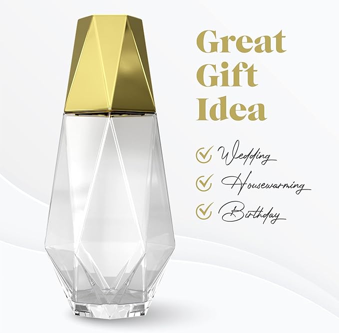 American Atelier 37 oz Fifth Avenue Modern Geometric Bedside Water Carafe with Tumbler Lid – 9" Glass Pitcher with Gold Accent for Nightstand, Guest Room & Office Drinkware (Gold)