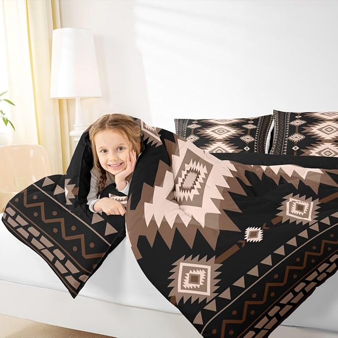 Feelyou Brown Black Western Bedding Set Toddler Size Southwestern Aztec Comforter Set Tribal Native American Indian Duvet Quilt