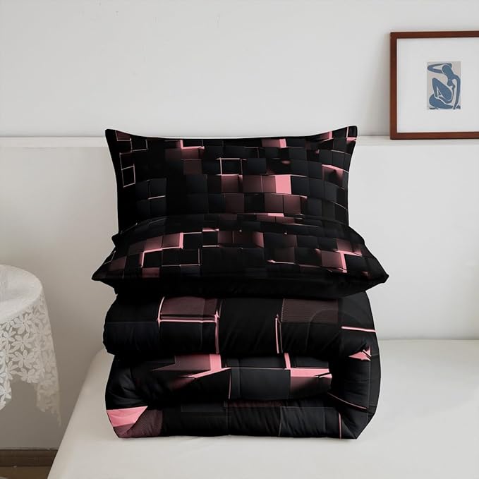 Erosebridal Pink and Black Comforter Set King Neon Geometric Checkered Bedding Set for Kids Girls Teen,Tereoscopic Grids Comforter Square Plaid Quilt Duvet Room Decor 3 Pcs