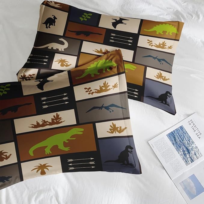 Comforter Set Queen Size, Dino Animal 7 Pcs Bedding for Kids and Adults, Cute Dinosaur Bed Sheet Sets with Fitted Sheet 2 Pillowcases & 2 Shams for Bedroom Bed Decor
