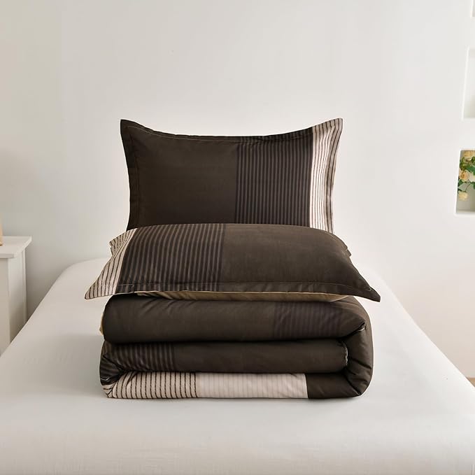 Brown Comforter Set Queen, Reversible Brown Striped Down Alternative Comforter for Queen Bed,3 Pieces (1 Comforter+2 Pillowcases), Soft Microfiber Bedding Duvet Set 90"×90"