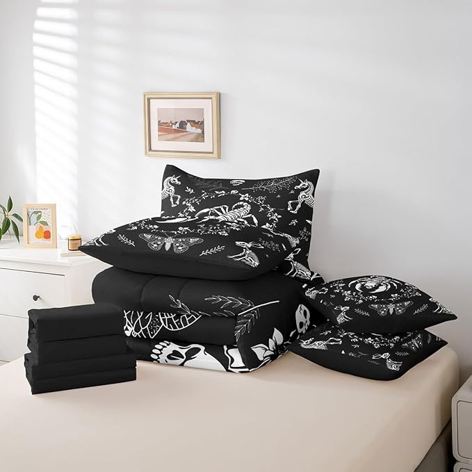 Scorpion Bedding Set 7 Pieces King,Gothic Reptile Animals Exotic Style Comforter Sets,Boho Flowers Butterfly Kids Bed Sets with 1 Comforter,2 Pillowcases,2 Pillow Covers,1 Flat Sheet,1 Fitted Sheet