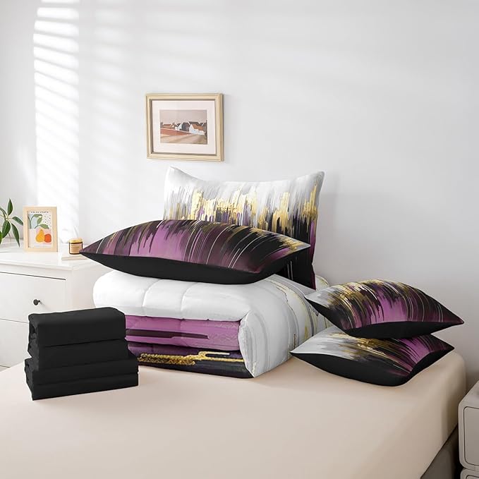 Purple Gradient Bedding Comforter Sets 7pcs Oil Painting Stripe Bed in a Bag, Brush Marks Contemporary Ombre Queen Bedding Sets Watercolor Graffiti Comforter Set, Aesthetic Modern Bedding Sets