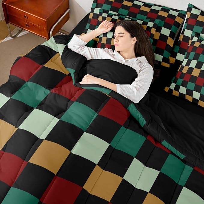 Checkered Retro Comforter Set with Sheets 7 Piece Full Size Green Red Yellow Plaid Bedding Set for Kids Boys Girls Geometric Vintage Bed in a Bag Modern Simple Groovy Aesthetic Room Decor Soft