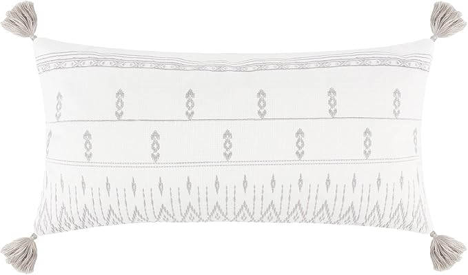 Levtex Home - Adare Grey Decorative Pillow - 12x24in Lumbar - Woven Stripe Design - Ivory and Grey - Tassel Corners - RDS Feather Filled