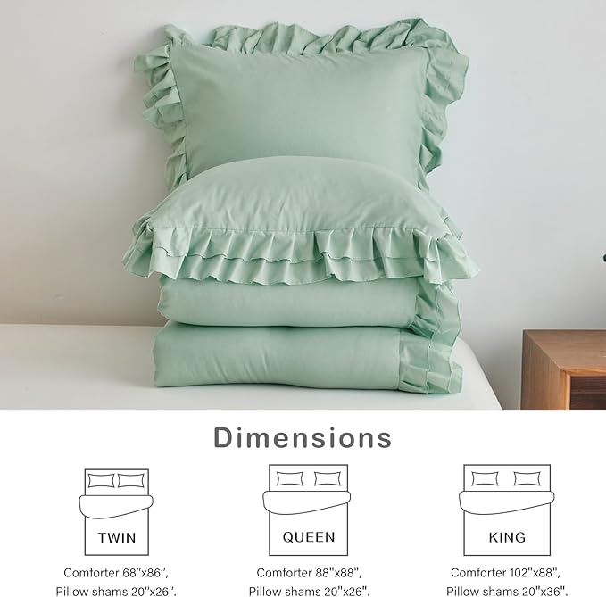 Green Ruffled Comforter Set King Size, 3 Pieces (1 Ruffled Comforter and 2 Pillowcases) Farmhouse Shabby Chic Style with 2 Layers Ruffle, Solid Color Lightweight Fluffy Bedding Sets for All Season