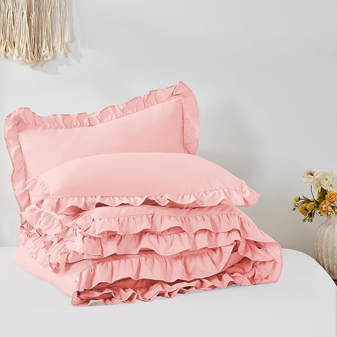 FUANNA Twin Comforter Set Pink, 2 Pieces Ruffle Twin Bed Set, Fluffy Twin Bedding Sets for All Seasons, Farmhouse Bed in a Bag with 1 Comforter & 1 Pillowsham