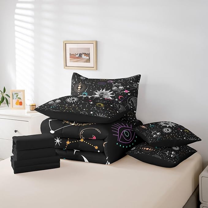 Erosebridal Sun and Moon Comforter Set 7 Piece Full Size Bohemian Stars Galaxy Bedding Sets for Kids Girls Boys Trippy Outer Space Bed in a Bag Planet Constellation Pattern Soft Microfiber Top Sheet