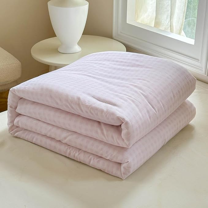 NSNLGSGC Pink Gingham Cotton Comforter Set Twin, 100% Washed Cotton Plaid Checked Comforter Bedding, 2 Pieces Vintage Farmhouse Grid Bedding Set(Pink Gingham, Twin)