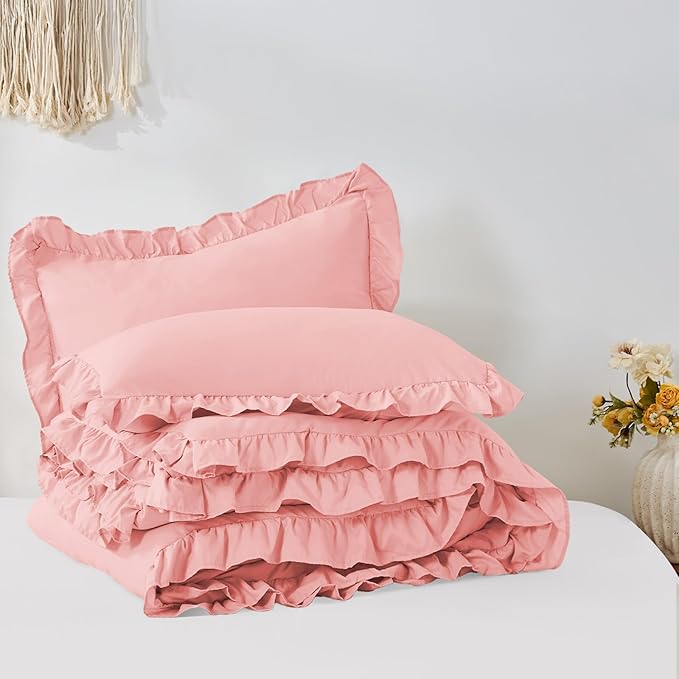 FUANNA Full Size Comforter Sets Pink, 3 Pieces Ruffle Full Size Bedding Sets, Fluffy Bed in a Bag Full for All Seasons, Shabby Chic Full Bed Set with 1 Lightweight Comforter & 2 Pillowshams