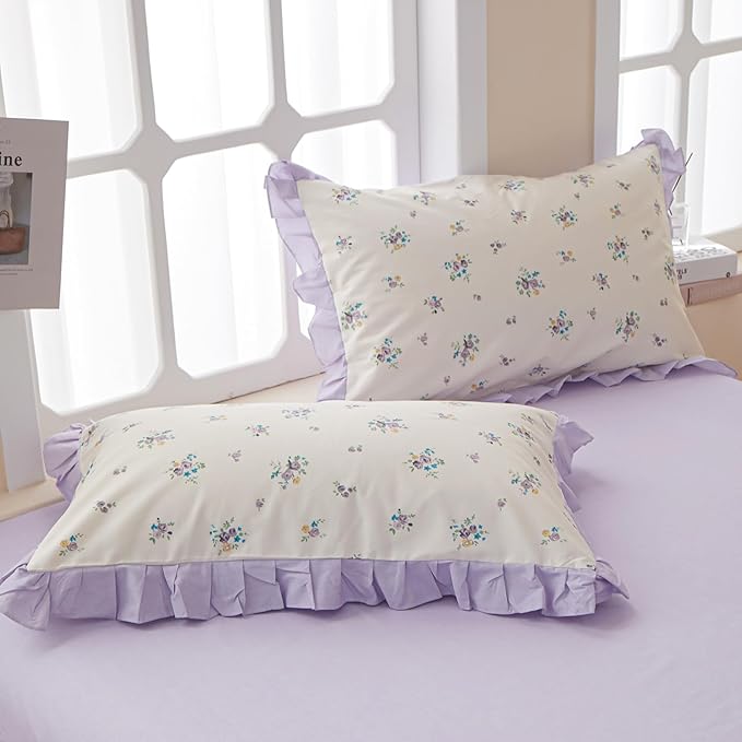 HighBuy Lavender Floral Comforter Set Full Princess Girl Ruffle Bedding Comforter Sets Farmhouse Coquette Cottagecore Bedding Set 1 Flower Comforter with 2 Pillowcases for All Seasons